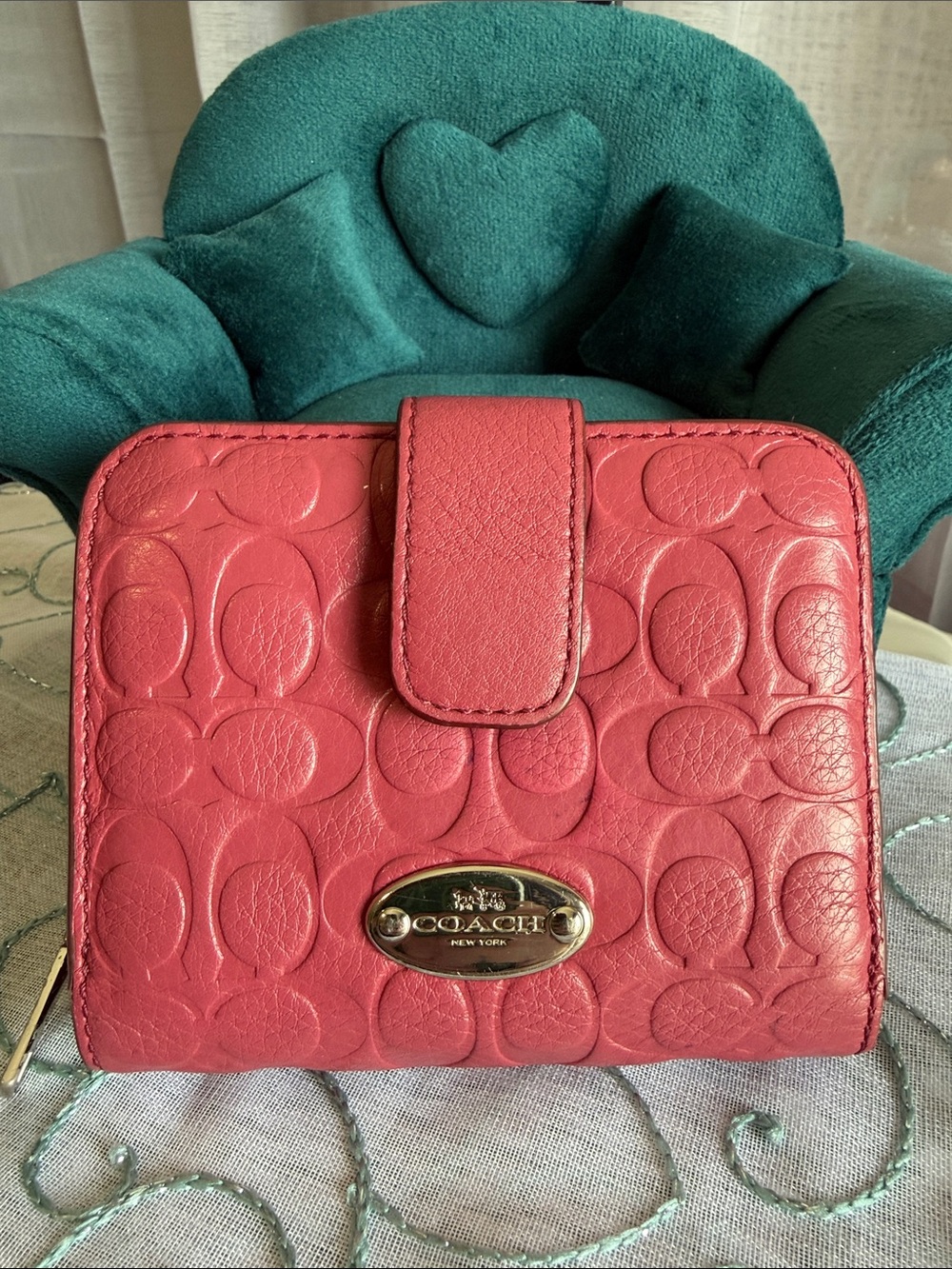 Coach Coral Pink Embossed Signature Leather Wallet